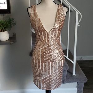 Plunging Neckline Abstract Sequin Gold Mini Dress